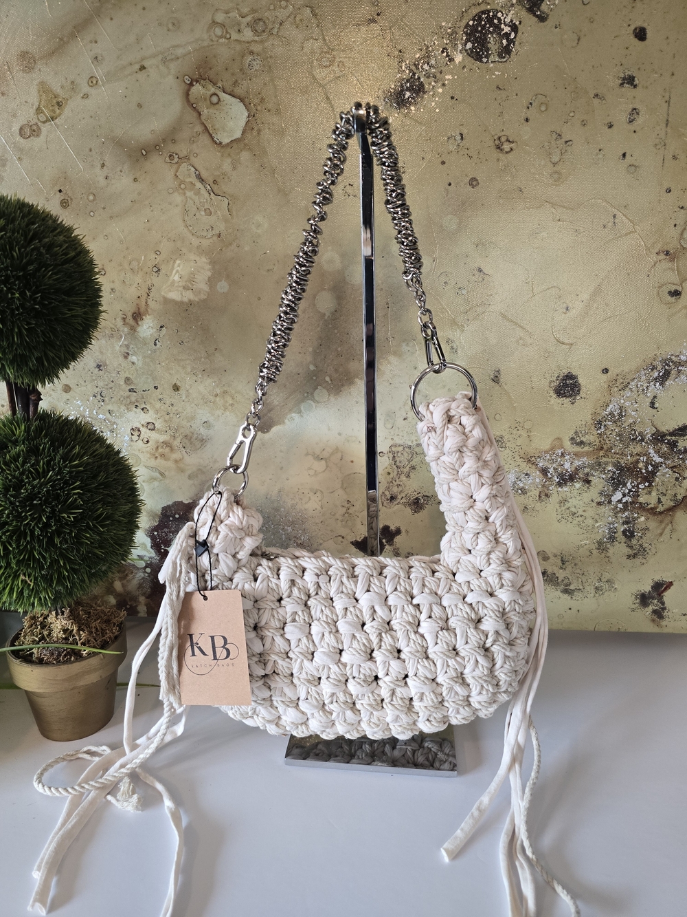 Crochet Shoulder Bag in Cream with Chain Strap